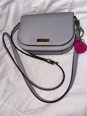 Kate Spade Light Gray Saffiano Leather Crossbody with Pink Heart Charm